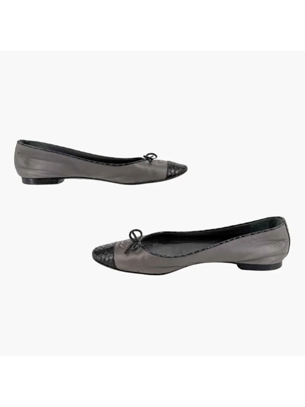 Chanel CC Cap Toe Ballet Flats Bow Gray Leather Black Snake Size 37 US 6-6.5